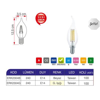 Erk 3 Watt C35 Şeffaf Mum Ampul ERK2304 - 2li