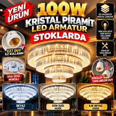 100W Kristal Piramit LED Armatür 3 Renk Seçenekli Çıkarılabilen E27 DUY