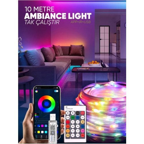 10 Metre Rgb Ses Kontrollü Kumandalı Telefon Kontrollü Kayar Magic LED 