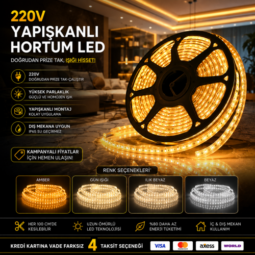 220V Yapışkanlı Hortum LED Şerit LED IP65 (100 Metre Rulo)