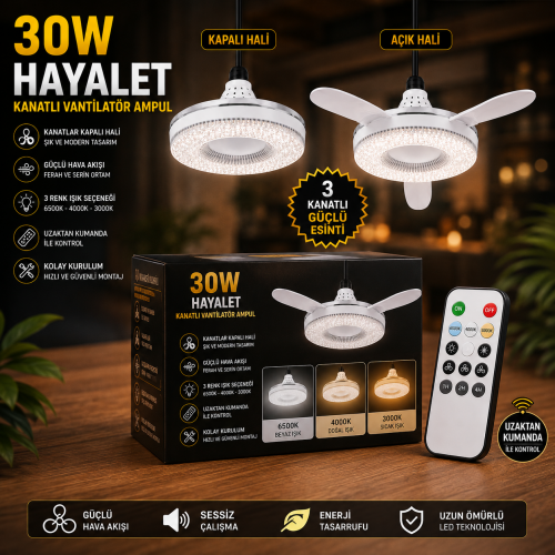 30W Hayalet Kanatlı Vantilatör Ampul – 3 Renk LED Işık, Uzaktan Kumandalı