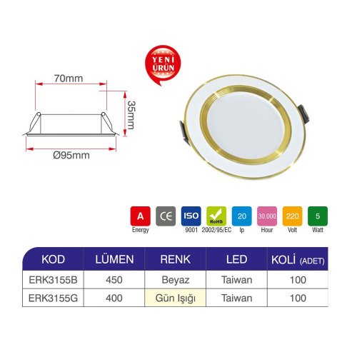 Erk 5 Watt Smd Armatür Gold ERK3156 - 2 li