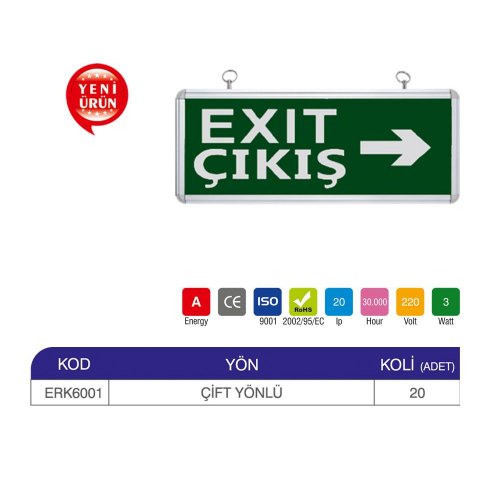 Erk Led Exit Çıkış Armatürü 3 Watt 3 Saat Kitli ERK6001