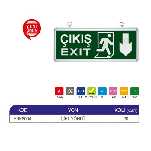 Erk Led Exit Çıkış Armatürü 3 Watt 3 Saat Kitli ERK6004