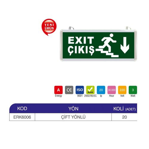 Erk Led Exit Çıkış Armatürü 3 Watt 3 Saat Kitli ERK6006