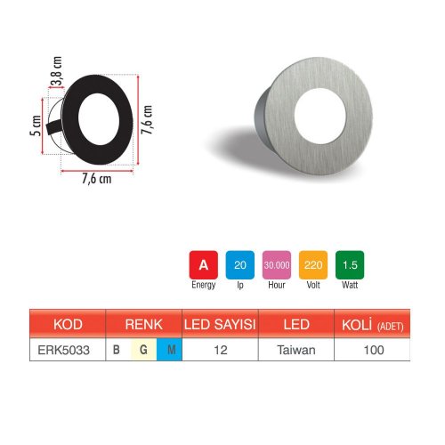 Erk Yuvarlak Krom Merdiven Ve Duvar Armatürü ERK5033 - 2 li