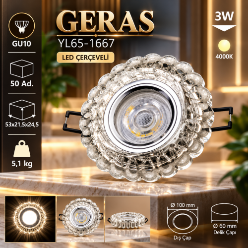 Geras Kristal Cam Spot Armatür GU10 3W 4000K