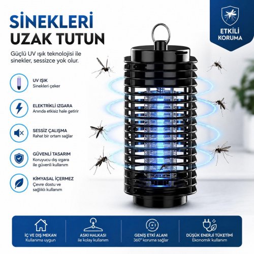 UV Işıklı Elektrikli Sinek Öldürücü Lamba | Sessiz ve Kimyasal İçermeyen Koruma